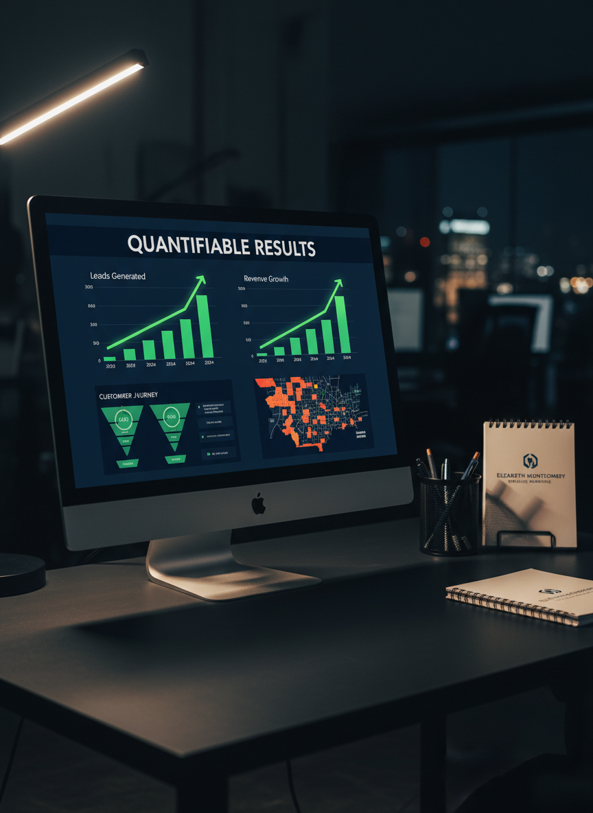 A dramatic close-up of a computer monitor displaying a bold marketing performance dashboard for a Steubenville, Ohio business: large, high-contrast charts showing growth in leads and revenue, bright green upward arrows, and a prominent label reading “Quantifiable Results.” Tiny details like segmented customer journeys and geographic heatmaps of local neighborhoods are visible. The monitor sits on a dark, matte desk beside a minimalist metal desk organizer and a branded notebook labeled “Elizabeth Montgomery Strategic Marketing.” Focused desk lamp lighting from the side carves crisp highlights along the monitor’s edge and casts a confident, angular shadow across the desktop. The background fades into a dark, softly blurred office, creating a cinematic, high-impact mood in photographic realism.