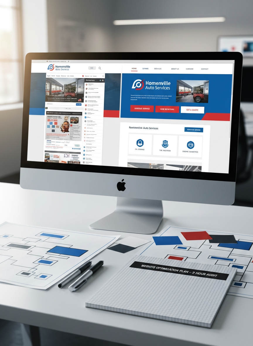 A clean, modern workspace featuring a large desktop computer displaying a local Steubenville business website mid-redesign, with split-screen showing the old version on the left and a bold, optimized layout on the right. Bright primary call-to-action buttons, streamlined navigation, and clear service sections contrast against the cluttered original. Around the monitor lie printed sitemap diagrams, color swatches in vivid but professional tones, and a pair of neatly aligned pens atop a grid-lined notebook titled “Website Optimization Plan – 2-Hour Audit.” Soft morning light from a nearby window blends with cool overhead illumination, producing balanced, natural highlights. Shot at eye level with medium depth of field, the focus stays on the transformation between old and new, conveying a modern, results-oriented atmosphere in photographic realism.