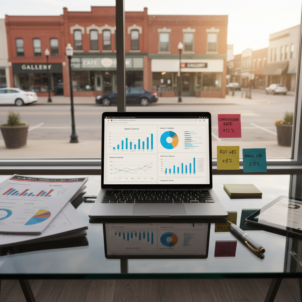 A sleek glass-topped desk covered with a bold, organized spread of marketing materials: a large laptop screen displaying a vivid web analytics dashboard, printed A/B test reports with sharp graphs, and color-coded sticky notes highlighting key metrics like conversion rate and ROI. The desk sits in front of a floor-to-ceiling window overlooking a small Midwest downtown with brick buildings and street signage. Late afternoon natural light pours in, creating crisp highlights on the glass surface and subtle reflections of the charts. The mood is confident and data-driven, with a photographic realism style. Shot from a slightly elevated angle with shallow depth of field, the laptop and charts are in razor-sharp focus, while the cityscape outside gently blurs into a vibrant backdrop.