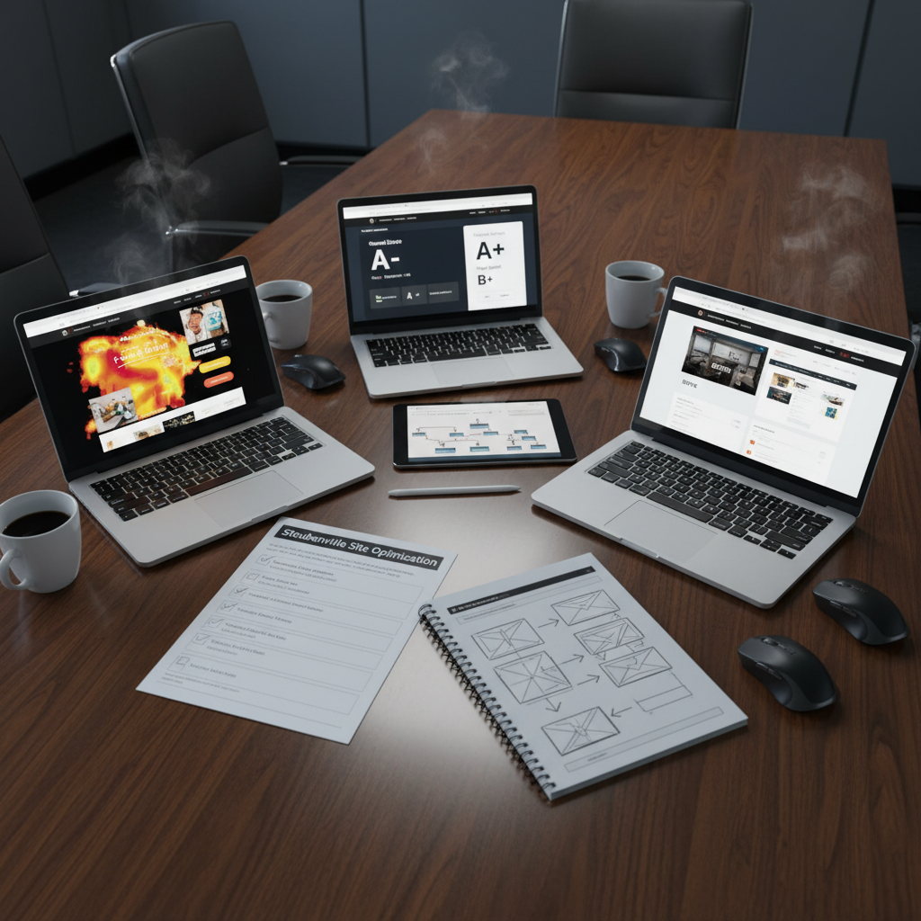A polished wooden conference table set up for a 2-hour website analysis session, featuring three open laptops showing different stages of a local business website audit: heatmaps glowing in reds and yellows, SEO scorecards with bold numerical grades, and a side-by-side before-and-after homepage redesign. Between the laptops lie a digital tablet with a stylus, a spiral notebook filled with sketched wireframes, and a printed checklist titled “Steubenville Site Optimization.” Cool, diffused overhead lighting creates an even, professional glow with gentle reflections on the laptop screens. The mood is bold and decisive, suggesting high-impact decision-making. Photographic realism, shot from a slightly elevated, diagonal angle using the rule of thirds to draw the eye along the line of devices across the table.