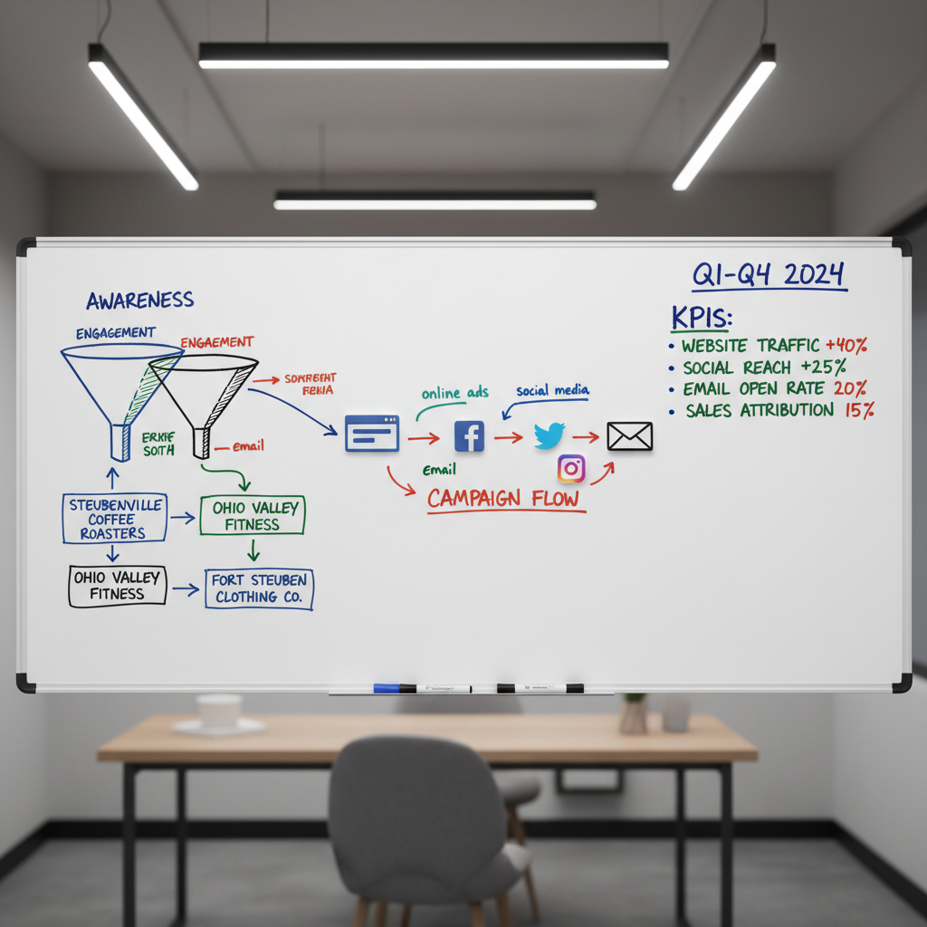 A large, wall-mounted whiteboard in a minimalist office, completely filled with a bold strategic marketing plan: neatly drawn funnels, color-coded arrows, local Steubenville business names, and precise KPIs written in dark marker. Magnetic icons of websites, social media, and email campaigns are arranged in a clear roadmap. Overhead LED track lighting casts bright, even illumination, creating crisp shadows from the magnets and marker caps resting on a slim metal tray. The atmosphere is focused and ambitious, emphasizing structure and clarity. Captured at eye level with a wide-angle lens, the entire board dominates the frame in photographic realism, while the edges of the surrounding room fall softly out of focus to keep attention on the strategy details.